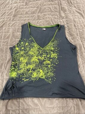 Free People Gray V-Neck Tank with Neon Yellowish Green Graphic